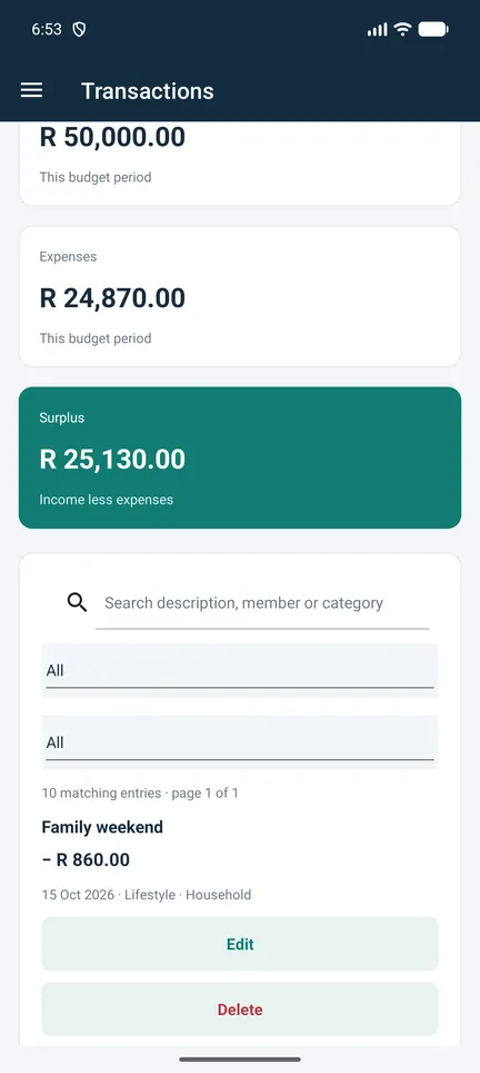 Family Nest Transaction list screen