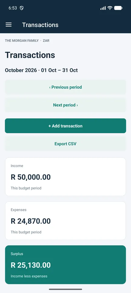 Family Nest Transactions summary screen