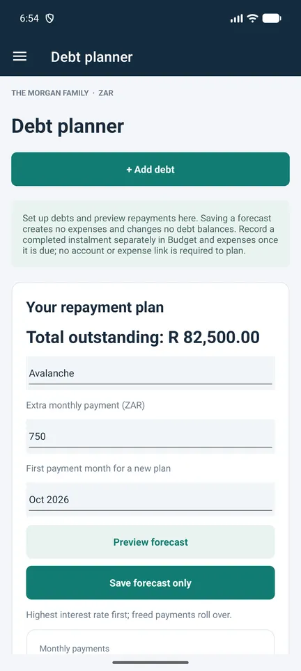 Family Nest Debt payoff screen