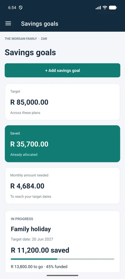 Family Nest Savings goals screen